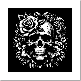 skull roses and leaves Posters and Art